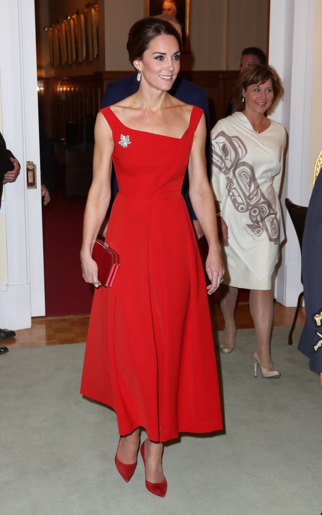 For a reception at the Government House during the royal tour of Canada, Kate chose a fitted Preen dress. The look was reminiscent of another power woman's outfit from 21 years ago: Princess Diana's Catherine Walker mini.