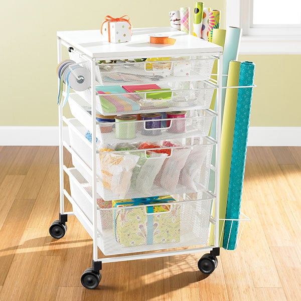 White Elfa Mesh Gift Wrap Cart