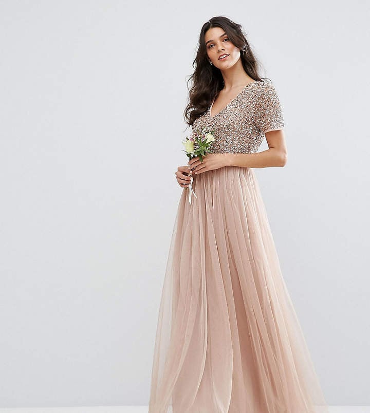 Maya V Neck Maxi Tulle Dress With Tonal Delicate Sequins