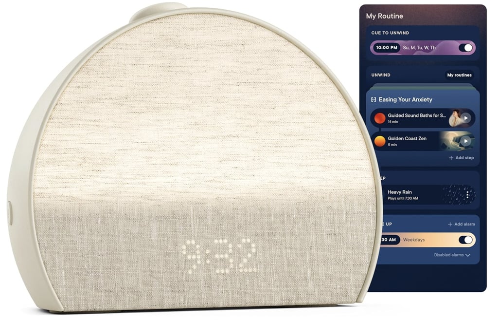 Hatch Restore 3 Sunrise Alarm Clock ($170)
The Hatch Restore Sound Machine continues to be a social-media favorite, and tennis star Naomi Osaka promises it's worth the praise. It features science-backed sleep sounds, customizable light, and an alarm that mimics a natural sunrise. "Since I travel so much — [often] traveling through different time zones — maintaining a regular sleep schedule can be tricky," Osaka tells Popsugar. "The Hatch Restore Machine helps aid me in unwinding and having a long, restful sleep." Our editor called it the "ultimate wake-up tool" in her review of the Hatch Restore Machine.
Editor Quote: "I set my alarm to go off automatically at 7:30 a.m. Monday through Friday, and sure enough, I've woken peacefully every day at that time. Hatch's sunrise alarm (which you can alter the color of) slowly rises as the sun would, and you can choose from a list of sounds to gently wake you. I've really enjoyed this feature for kick-starting my day, as it doesn't feel as intense as a typical alarm does.
Additionally, I've enjoyed Hatch's light for falling asleep at night. The app allows you to choose your desired brightness and color, and personally, I love using it as a reading light. Every now and then, I'll use its sound machine to create a light drizzle of rain to doze off to as well, which I've also appreciated." — Haley Lyndes, shopping staff writer