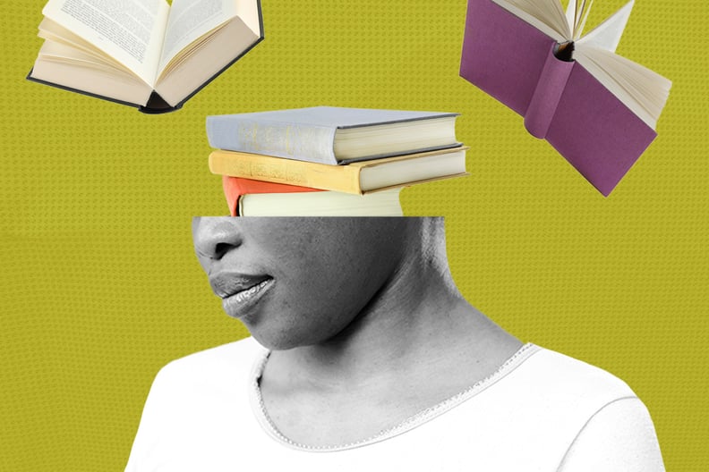 Collaged image with a woman with books coming out of her head. 