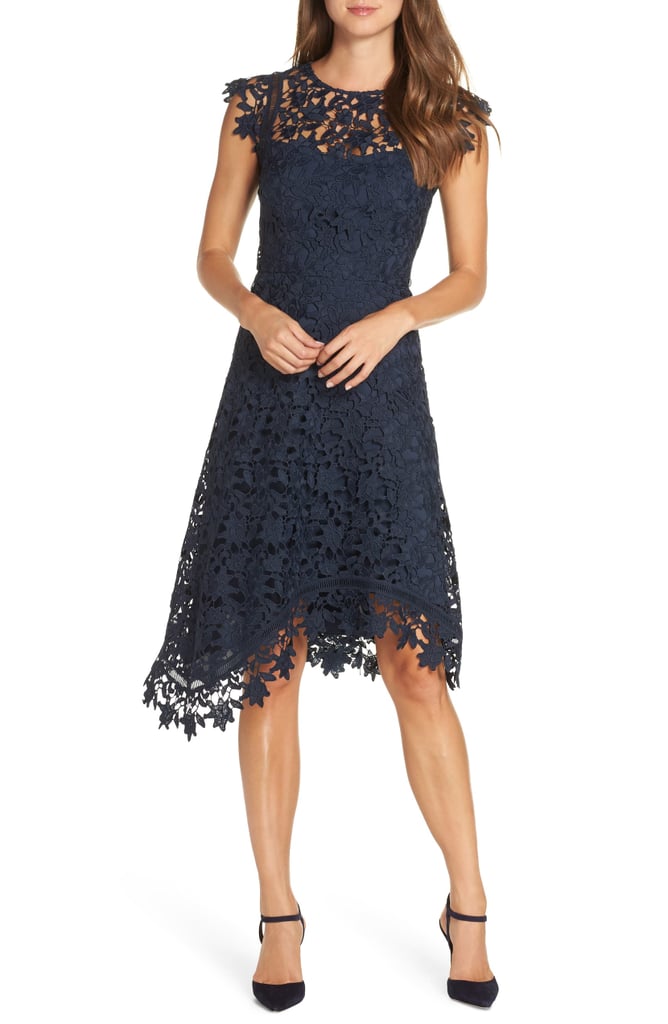 Eliza J Asymmetrical Lace Fit & Flare Dress