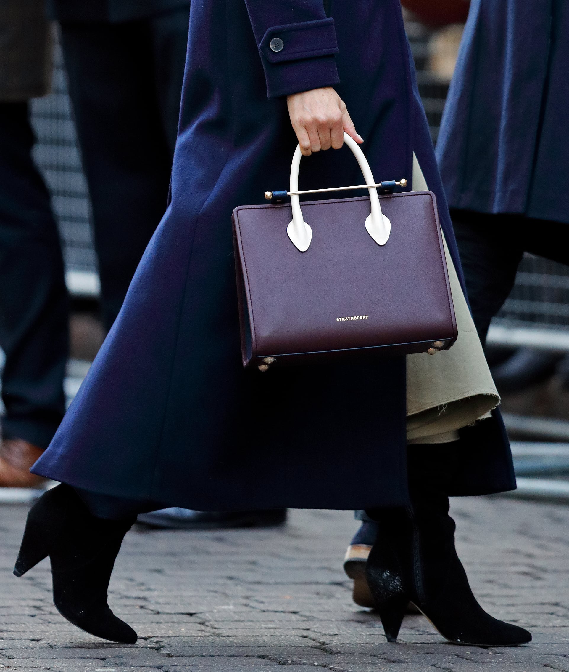 The Strathberry Midi Tote - Top Handle Leather Tote Bag - Grey / Navy