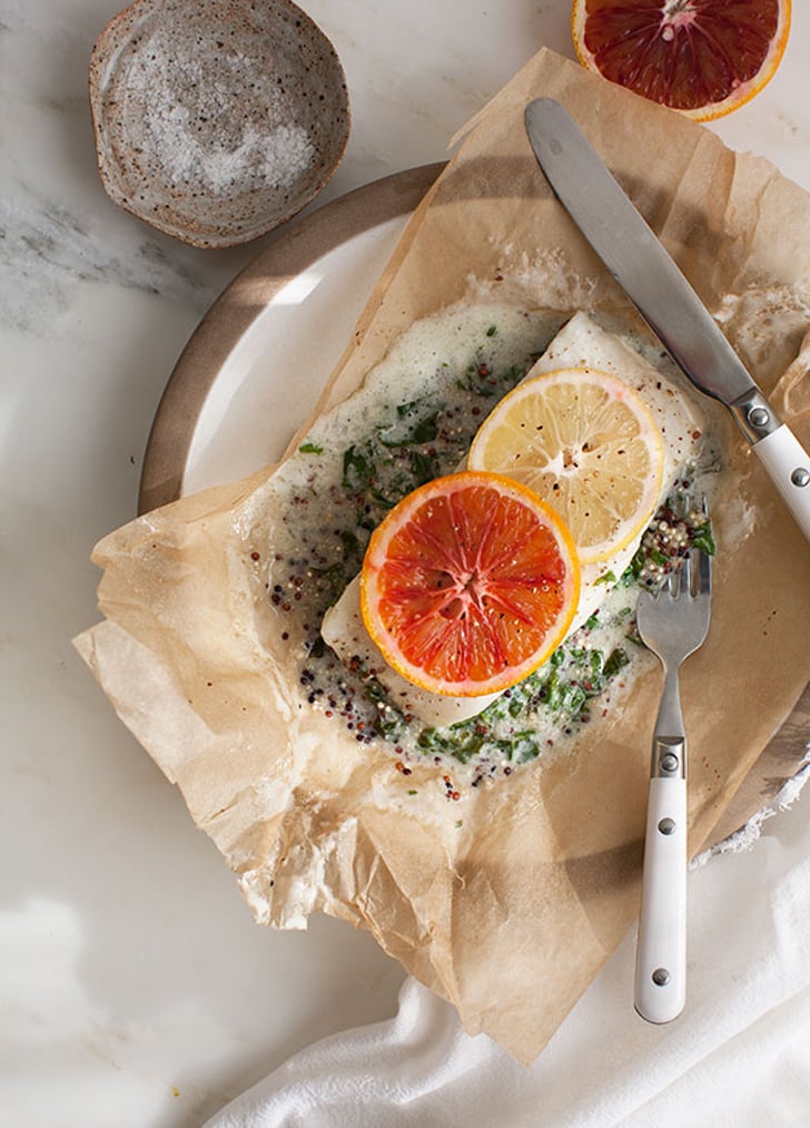 Halibut With Coconut Creamed Kale and Quinoa En Papillote