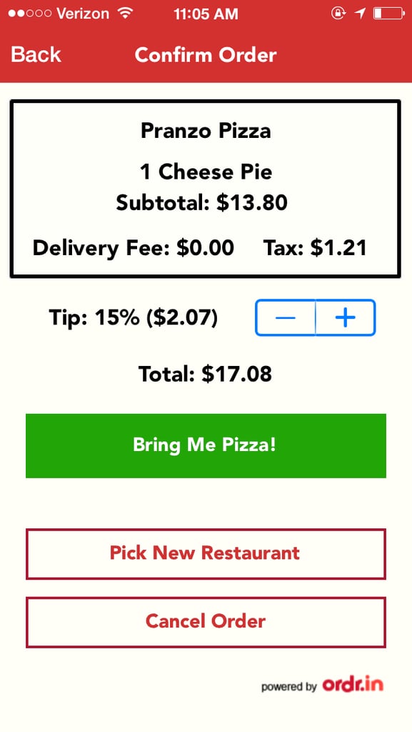 With tax and tip, the pie cost us $17.08.