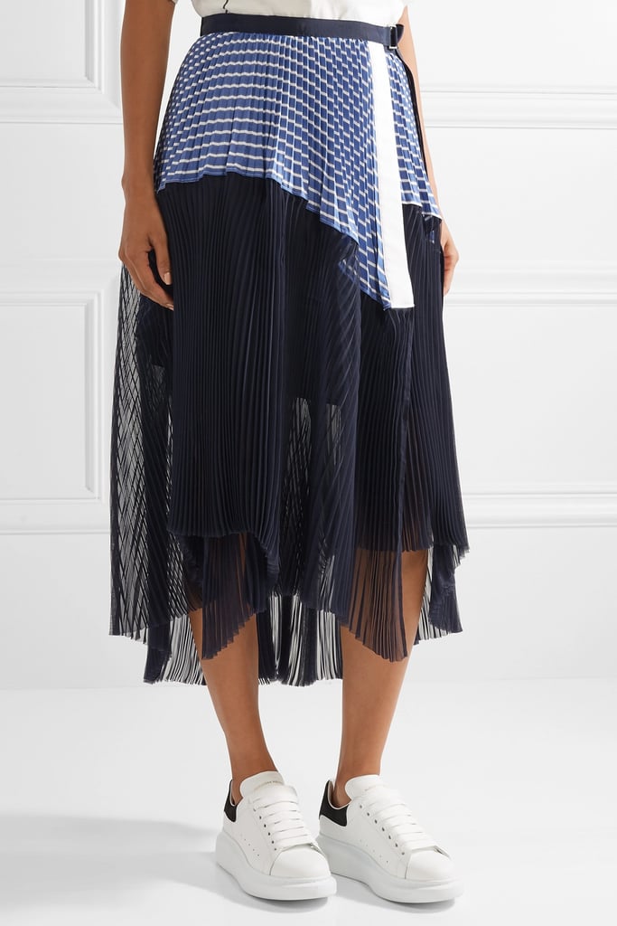 Sacai Piqué and Organza Trimmed Striped Cotton Poplin Skirt