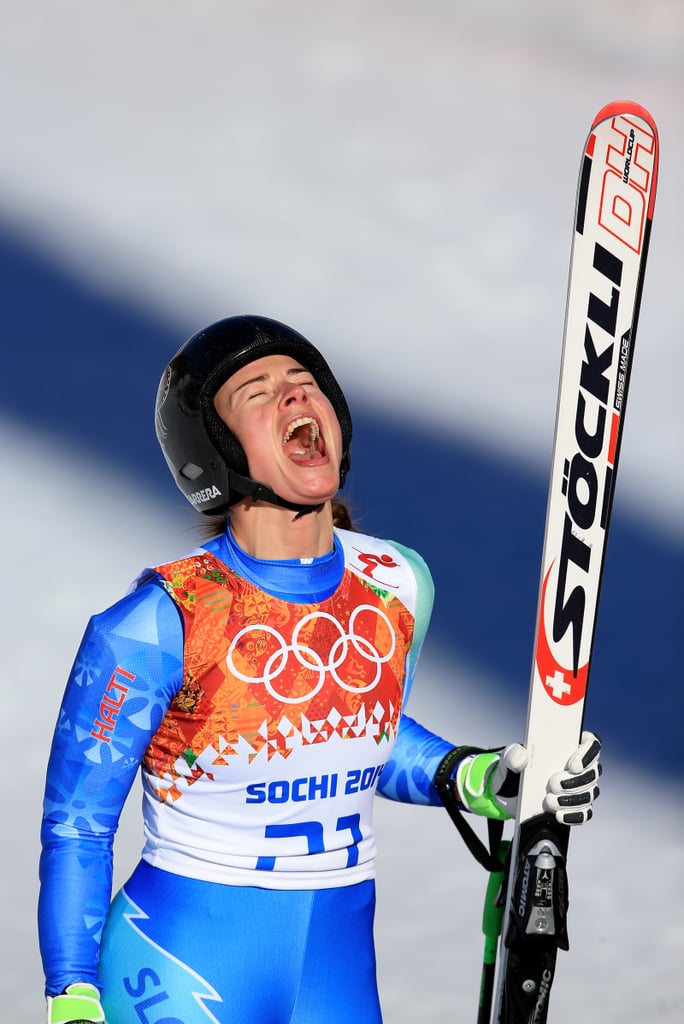 Tina Maze of Slovenia cheered after she and Dominique Gisin tied for