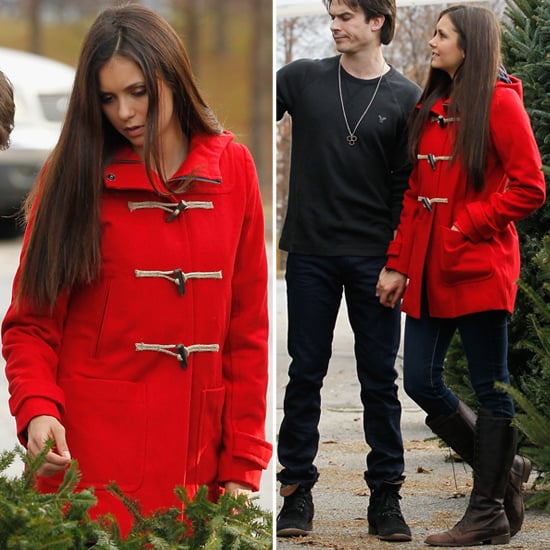 Nina Dobrev Wearing Red Toggle Coat Popsugar Fashion