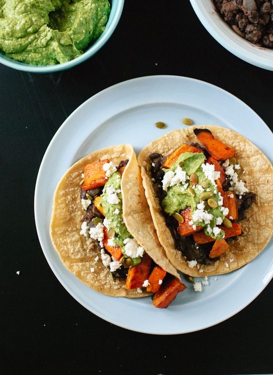 Sweet Potato and Black Bean Tacos With Avocado-Pepita Dip