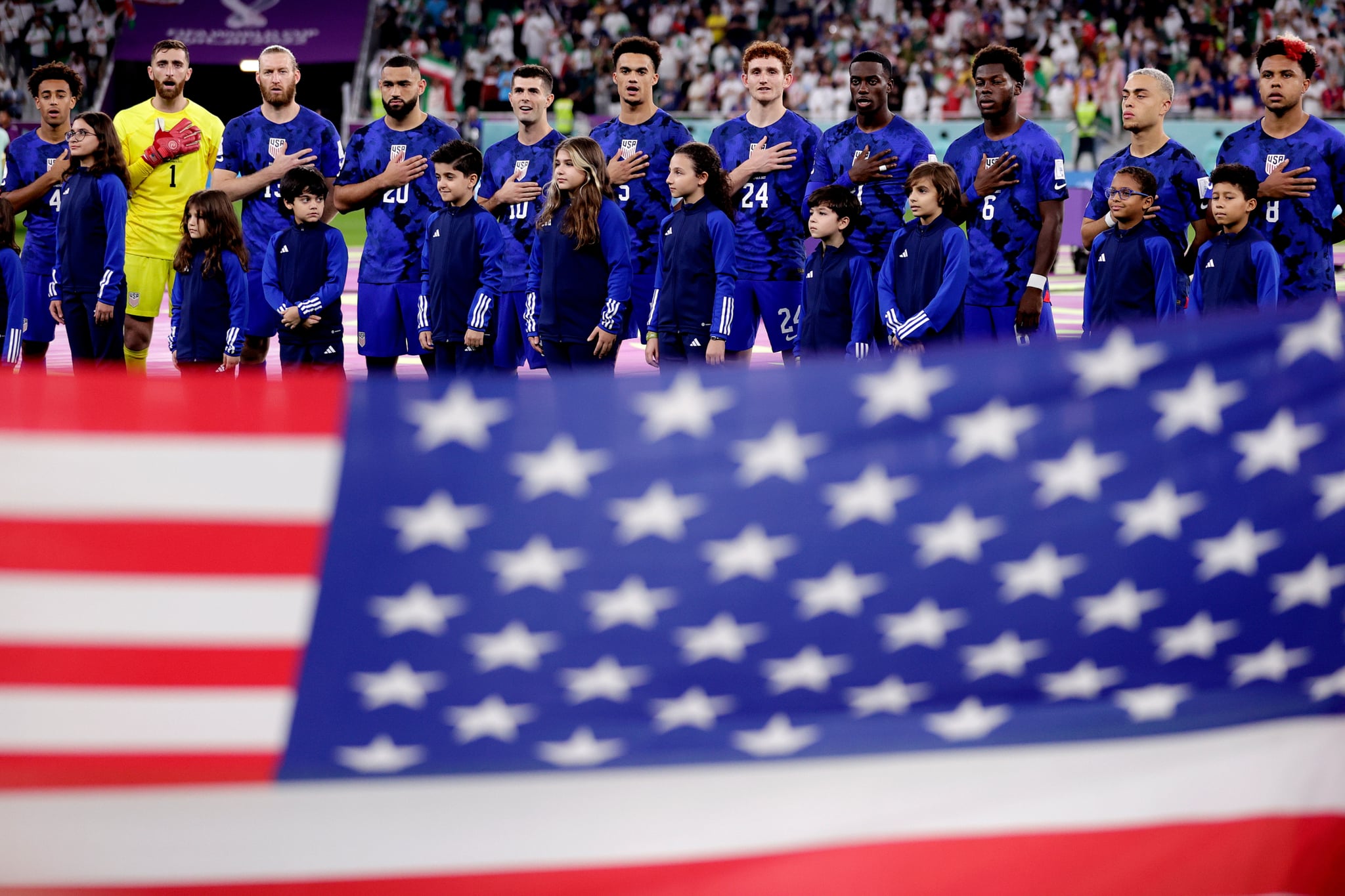 DOHA, QATAR - NOVEMBER 29: (L-R) Tyler Adams of USA, Matt Turner of USA, Tim Ream of USA, Cameron Carter Vickers of USA, Christian Pulisic of USA, Antonee Robinson of USA, Josh Sargent of USA, Timothy Weah of USA, Yunus Musah of USA, Sergino Dest of USA, Weston McKennie of USA  during the  World Cup match between Iran  v USA at the Al Thumama Stadium on November 29, 2022 in Doha Qatar (Photo by David S Bustamante/Soccrates/Getty Images)