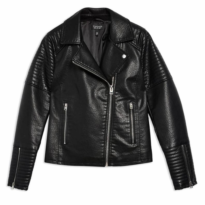 Topshop Petite Faux Leather Collarless Biker Jacket, $95