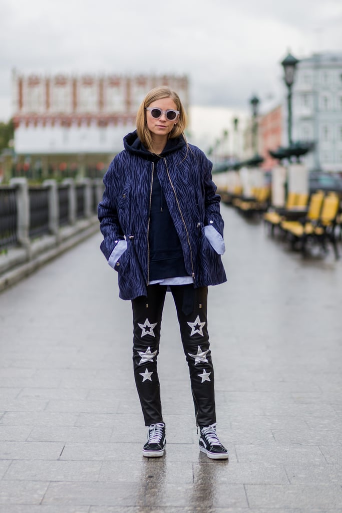With a Patterned Jacket and Statement Leather Pants