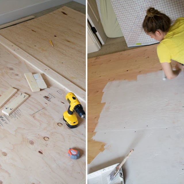 We purchased three sheets of plywood from Home Depot and had them cut to 7' high. Since the feature wall is 12' long, it would need to be built inside of the room. We designed it so that it could easily be dismantled into three pieces to be removed. We tied the seams together with 1x3s and built a frame on the back with 1x3s so it was extra sturdy and straight. We then flipped it over and primed it so that the wall paper adhesive wouldn't soak in. **side note: it was SUPER tight in the room, we basically had about a foot on all sides to walk around and yes, that is the mattress shoved into the bathroom, it barely fit!)