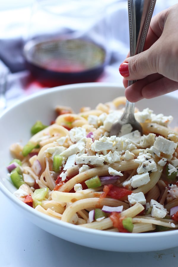Greek Pasta With Tomatoes, Wine, and Feta