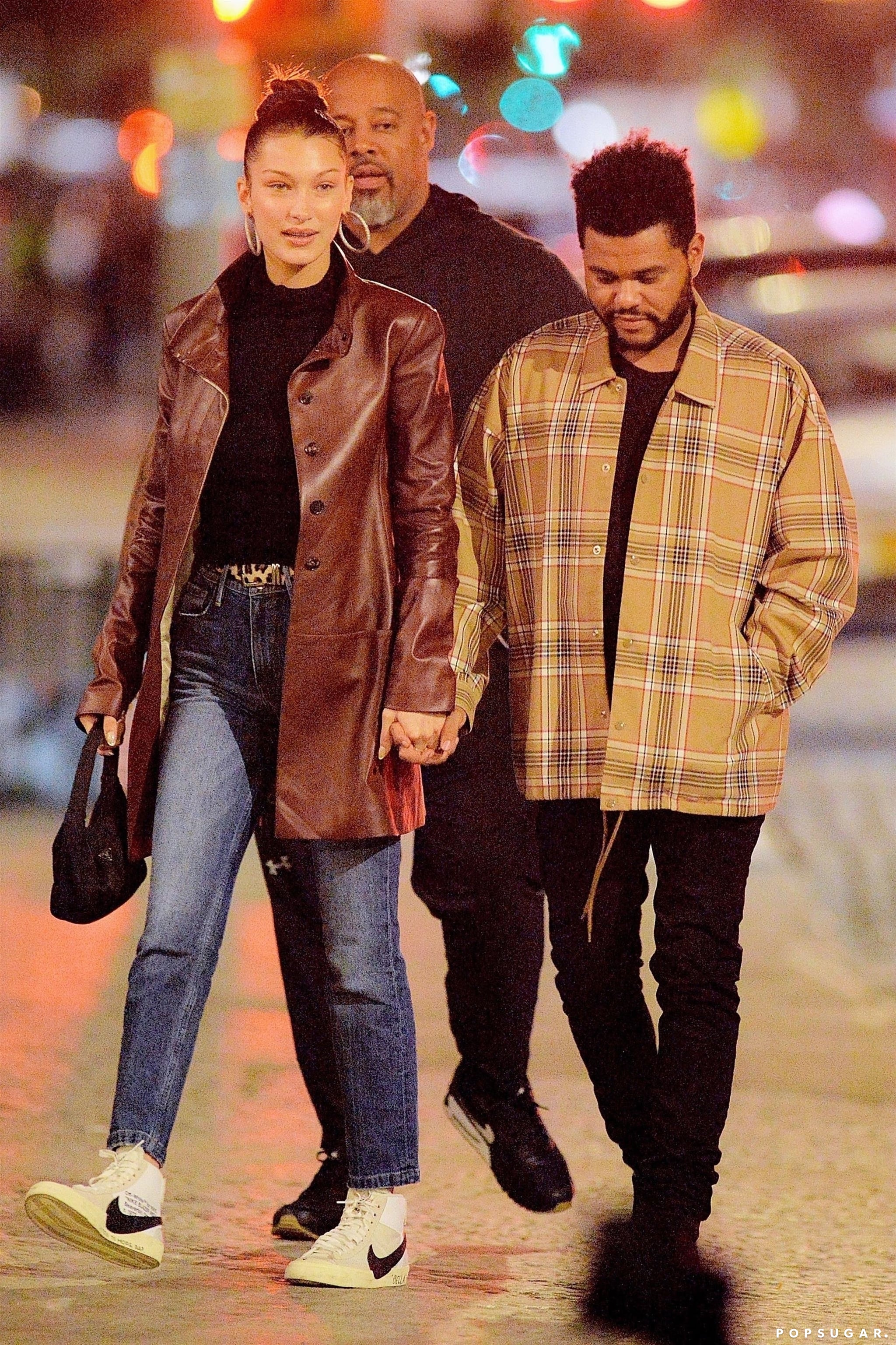 Bella Hadid Brown Leather Coat With the Weeknd 2018 | POPSUGAR Fashion