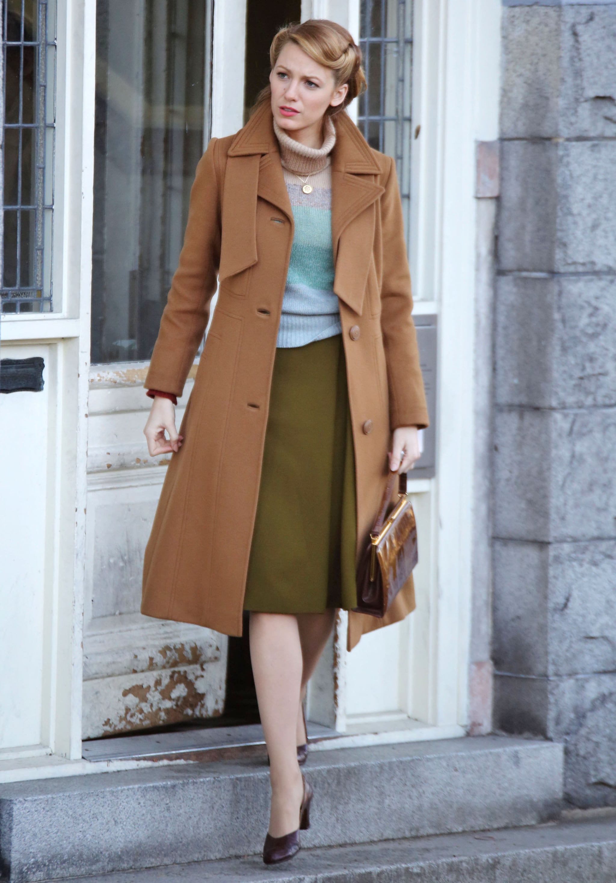 Blake Lively Wearing Camel Coat on Set 
