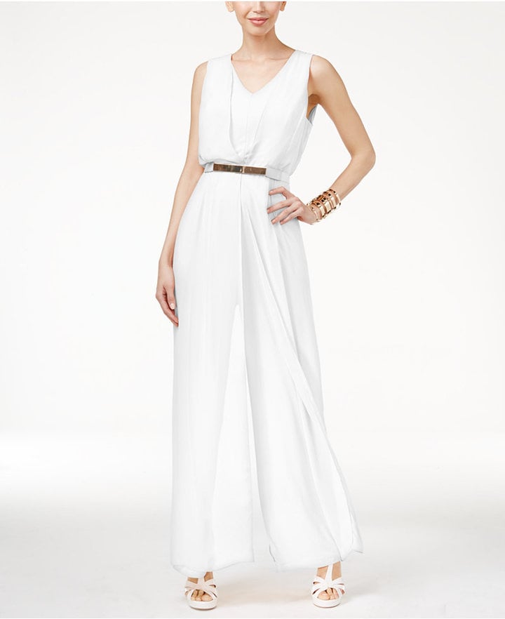 Cinch in your waist and accentuate your figure with a belted Thalia Sodi Chiffon-Overlay Jumpsuit ($100). Accessorize with gold jewelry to match the gold-tone hardware belt.