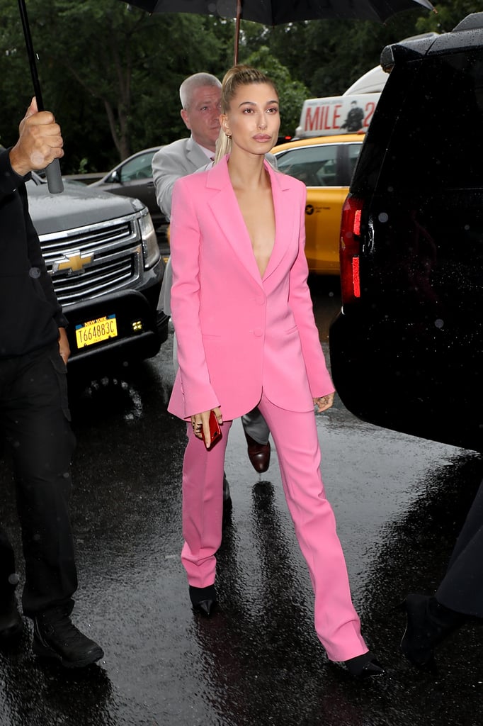 Hailey wore a Barbie pink suit to the Carolina Herrera show in NYC in September.