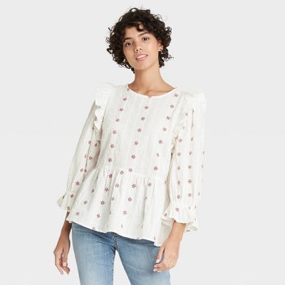 Universal Thread Puff 3/4 Sleeve Embroidered Ruffle Top