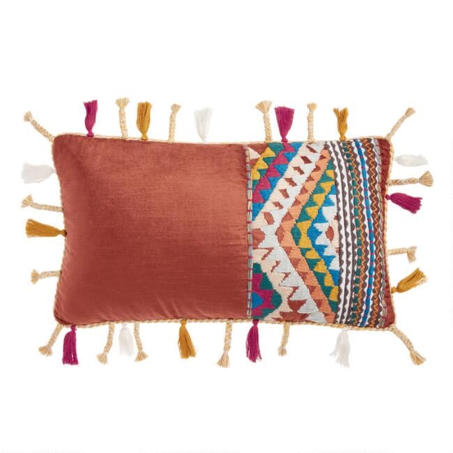 Rust Velvet Boho Lumbar Pillow