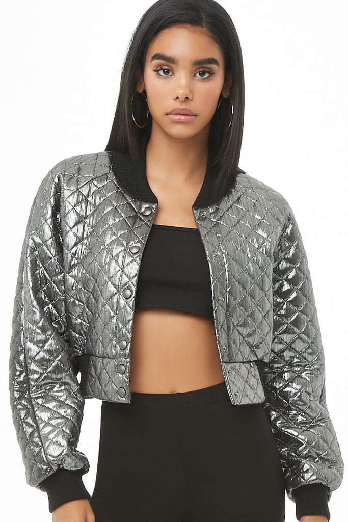 Forever 21 Quilted Metallic Bomber Jacket Kourtney Kardashian Silver