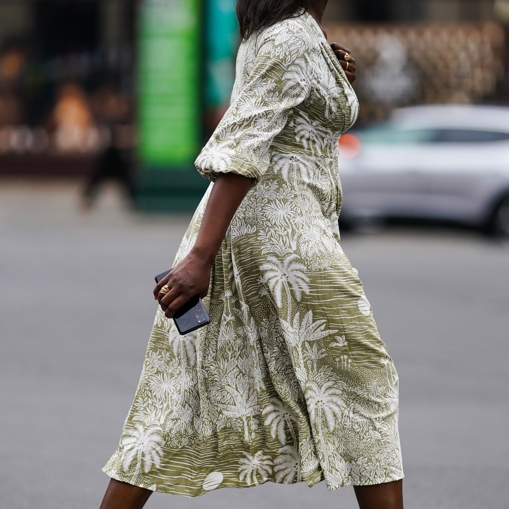 Shoulder Floral Print Midi Dress 