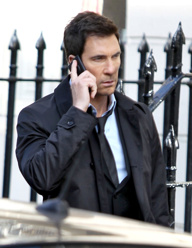 Dylan McDermott looked serious on the set of his and Milla Jovovich's new movie, Survivor, in London on Tuesday.