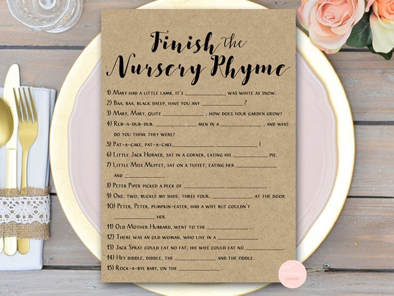 Finish the Nursery Rhyme Baby Shower Game