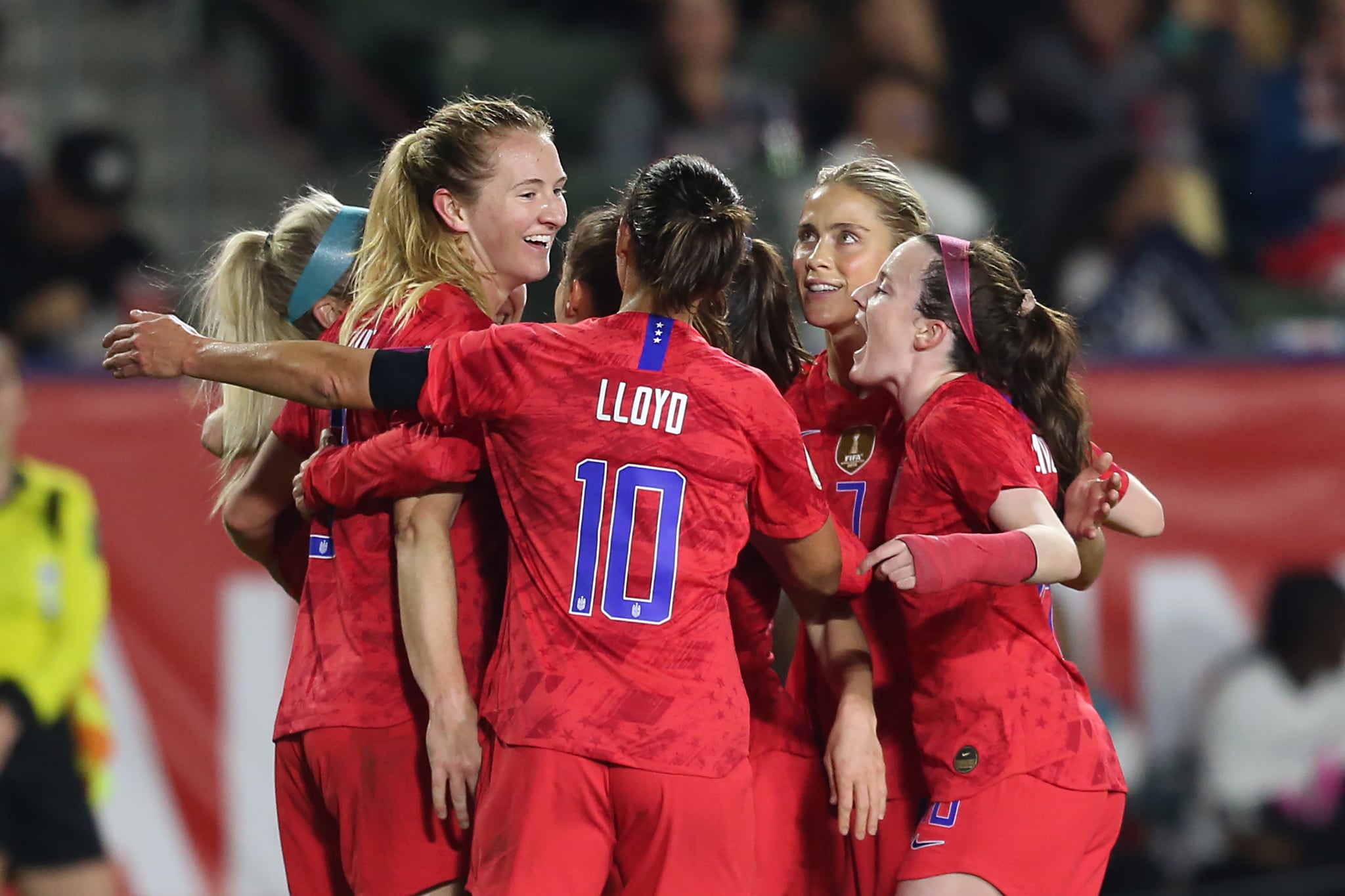 CARSON, CA - FEBRUARY 07: Samantha Mewis #3 of USA celebrates with his team mates after scores 2nd goal during the semifinals game between Mexico and United States as part of the 2020 CONCACAF Women's Olympic Qualifying at Dignity Health Sports Park on February 7, 2020 in Carson, California. (Photo by Omar Vega/Getty Images)