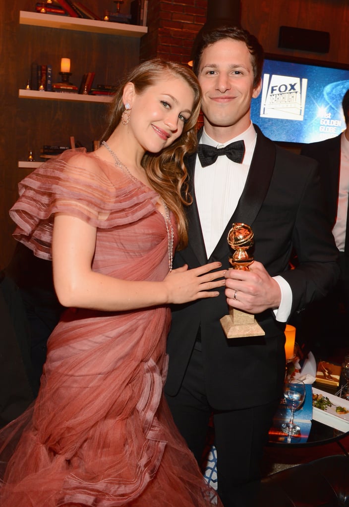 Andy Samberg posed with his Golden Globe and his wife, Joanna Newsom.