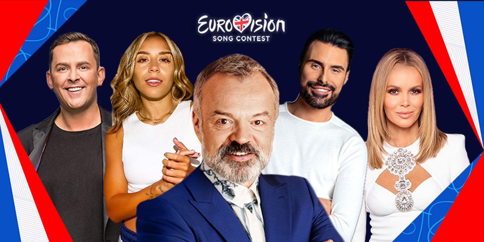 Programme Name: Eurovision 2021 - TX: 22/05/2021 - Episode: Eurovision 2021  (No. n/a) - Picture Shows: (L-R) Scott Mills, Chelcee Grimes, Graham Norton, Rylan Clark-Neal, Amanda Holden - (C) BBC - Photographer: Various