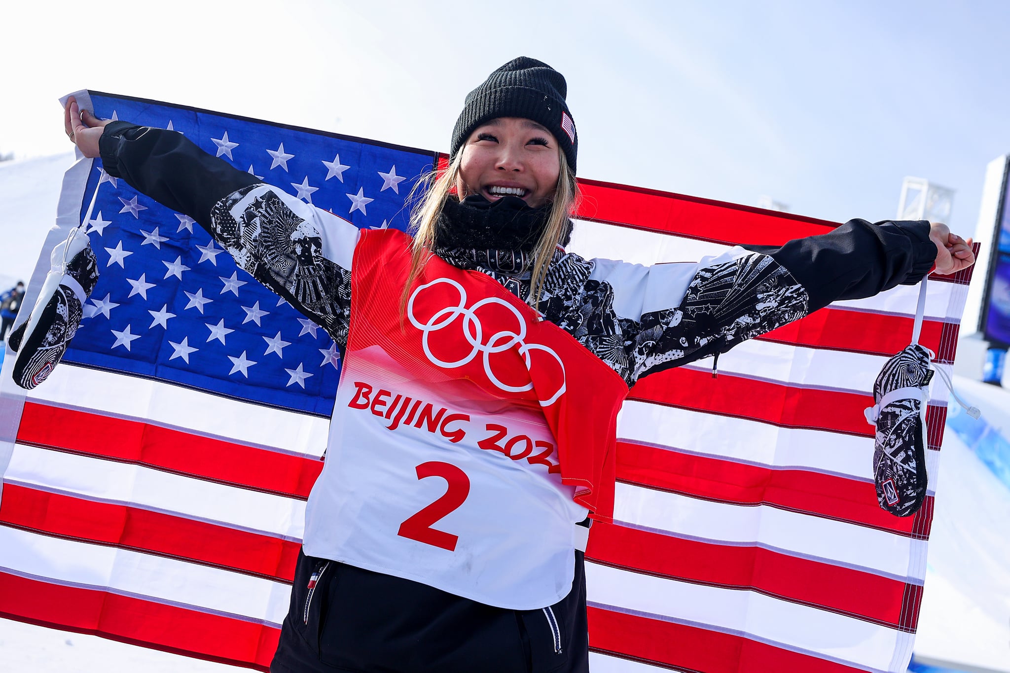 ZHANGJIAKOU, CHINA - FEBRUARY 10: Chloe Kim of Team United States celebrates winning the gold medal during the Women's Snowboard Halfpipe Final on Day 6 of the Beijing 2022 Winter Olympics at Genting Snow Park on February 10, 2022 in Zhangjiakou, China. (Photo by Patrick Smith/Getty Images)