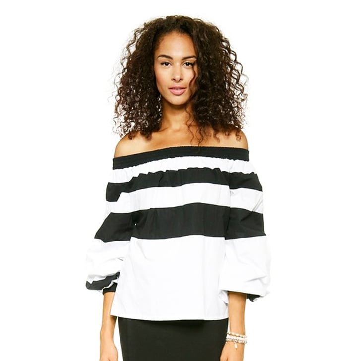 With the holidays coming up, it's time to start shopping for fun party pieces. I have my eyes set on this MLM the Label Off-the-Shoulder Ruffle Top ($150) paired with a midi skirt and a bright red lip.
— JC