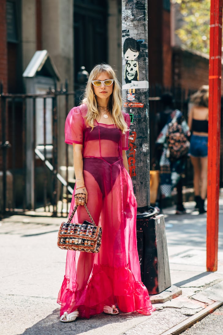 Styling a pink sheer dress with black undergarments.