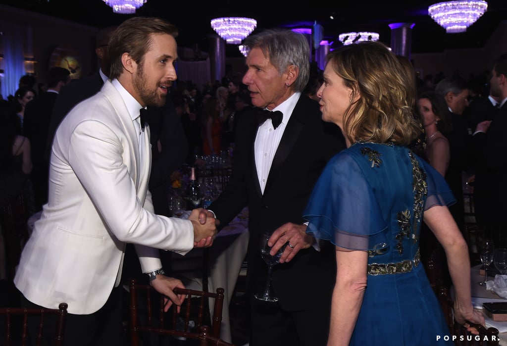 Ryan Gosling shook hands with Harrison Ford as his wife, Calista Flockhart, looked on.