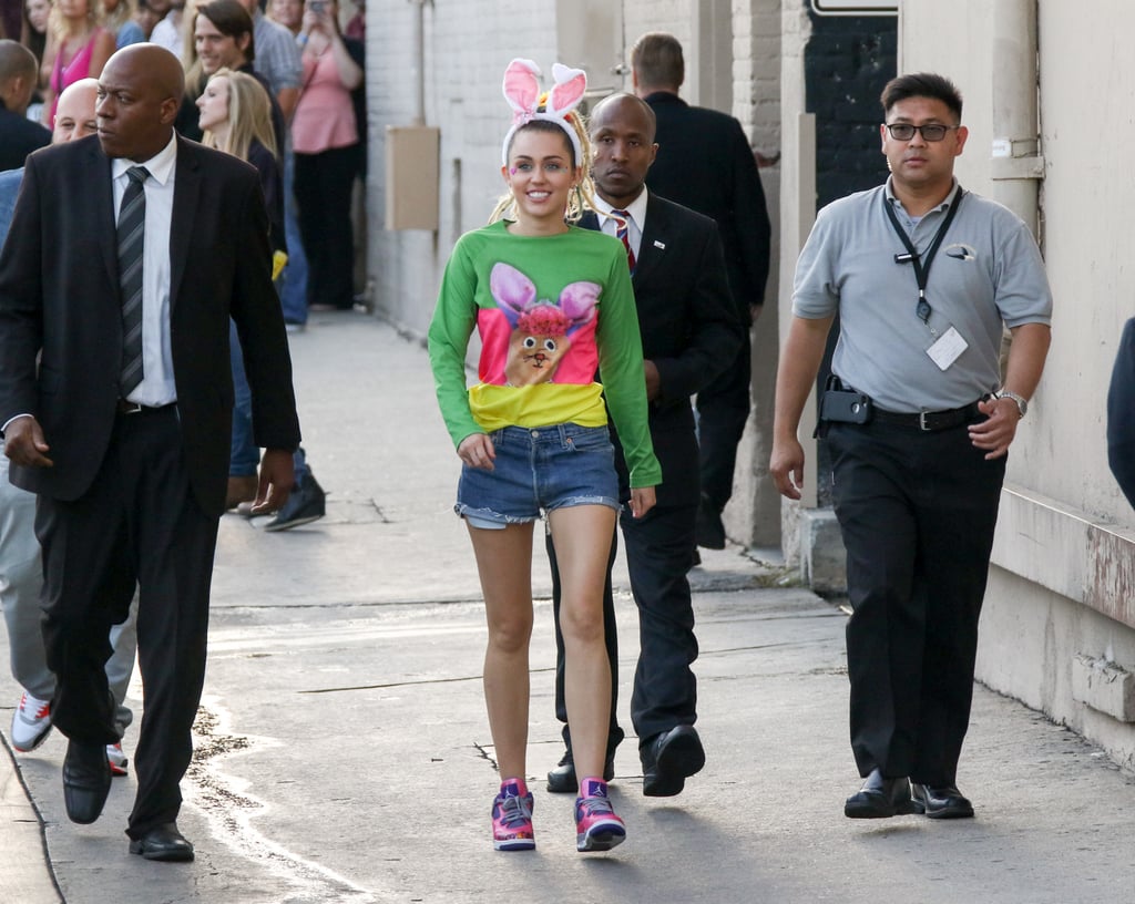 Miley made an entrance at Jimmy Kimmel Live! in a quirky bunny t-shirt and denim cutoffs.