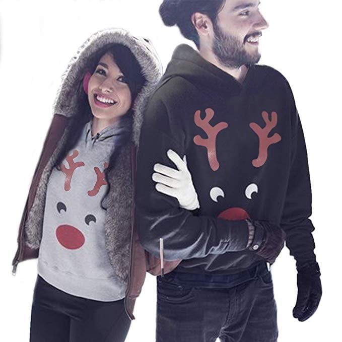 Red Nose Reindeer Graphic Matching Couple Hoodie Set