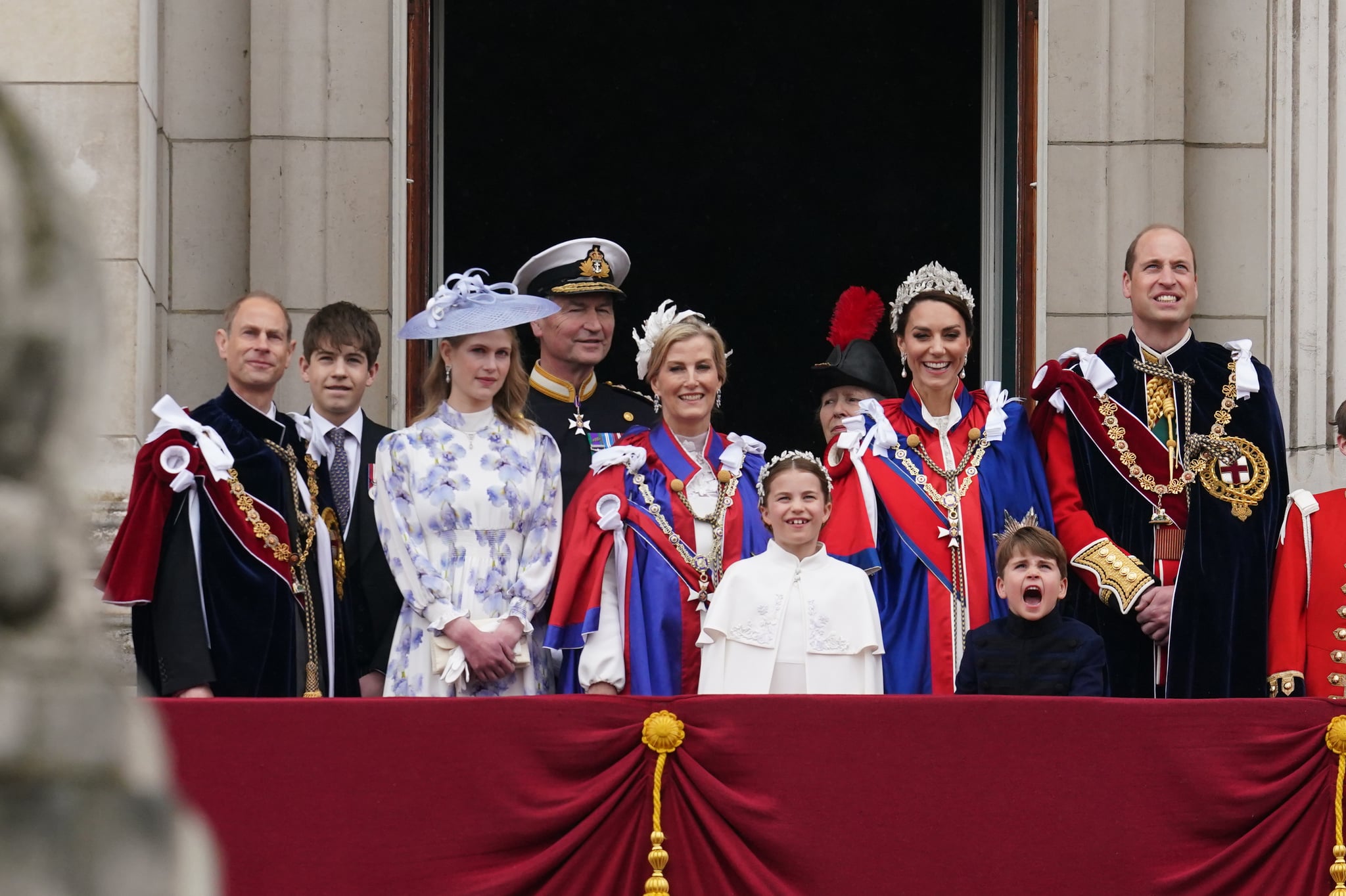 (left to right) the Duke of Edinburgh, the Earl of Wessex, Lady Louise Windsor, Vice Admiral Sir Tim Laurence ,the Duchess of Edinburgh, the Princess Royal, Princess Charlotte, the Princess of Wales, Prince Louis, the Prince of Wales on the balcony of Buckingham Palace, London, to view a flypast by aircraft from the Royal Navy, Army Air Corps and Royal Air Force - including the Red Arrows, following the coronation. Picture date: Saturday May 6, 2023. (Photo by Owen Humphreys/PA Images via Getty Images)