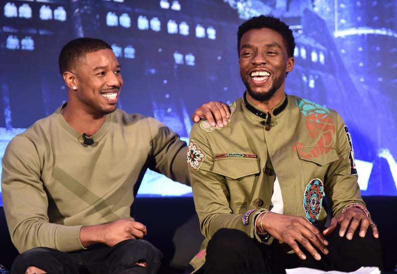 BEVERLY HILLS, CA - JANUARY 30: Actors Michael B. Jordan (L) and Chadwick Boseman attend the Marvel Studios' BLACK PANTHER Global Junket Press Conference on January 30, 2018 at Montage Beverly Hills in Beverly Hills, California.  (Photo by Alberto E. Rodr