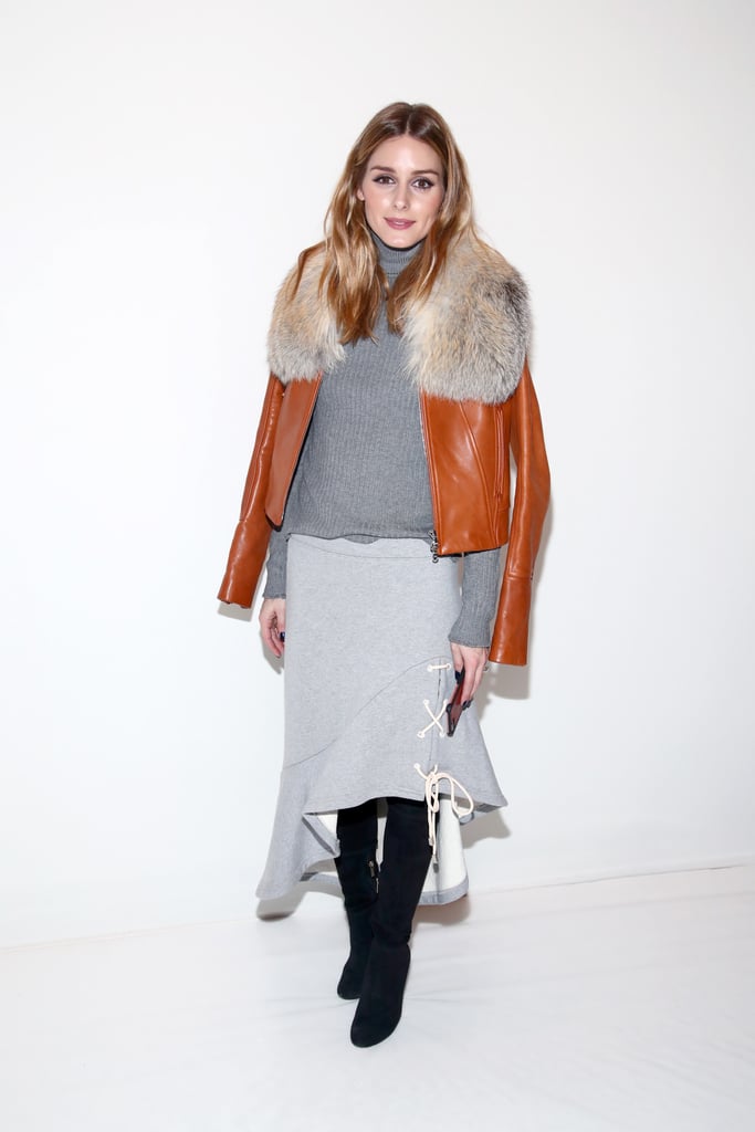Olivia Palermo gave sophisticated dressing a contemporary update at the Jonathan Simkhai show with a trademark fashion-girl tip: nonchalantly throwing a jacket across her shoulders.