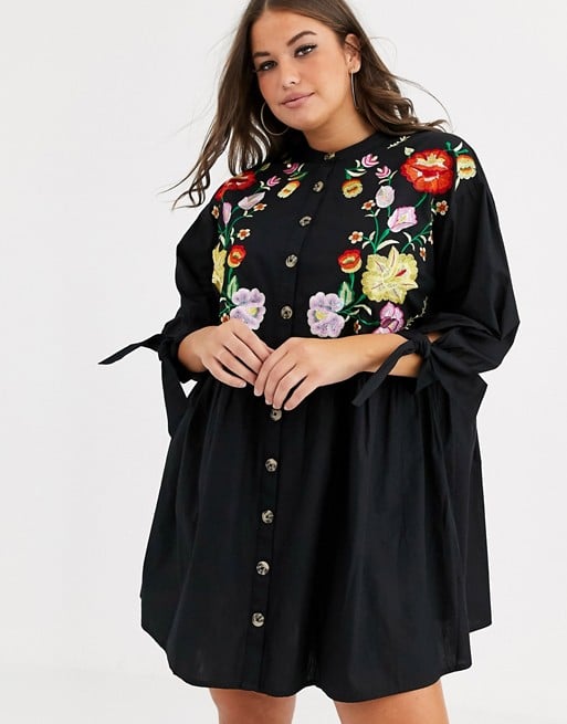 ASOS Design Curve Embroidered Grandad Collar Button Mini Smock Dress