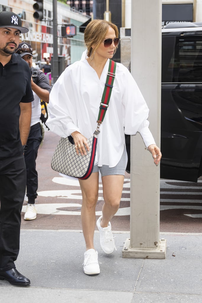 Jennifer Lopez Wears Biker Shorts & White Shirt In NYC