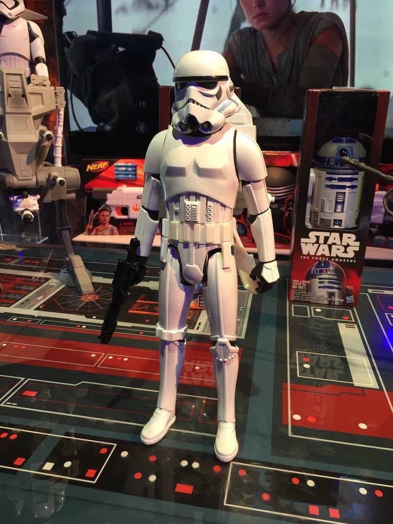 More than just a 12-inch figurine, Hasbro's Star Wars InteracTech Stormtrooper actually reacts to movement with lights and sounds thanks to his built-in motion sensors. He actually talks to tots thanks to 70 sound effects embedded in him, and just wait until you put a blaster in his hands — that's when an Imperial insignia lights up on his chest and he starts making blaster sounds! This is truly one of the coolest toys we saw at the event.