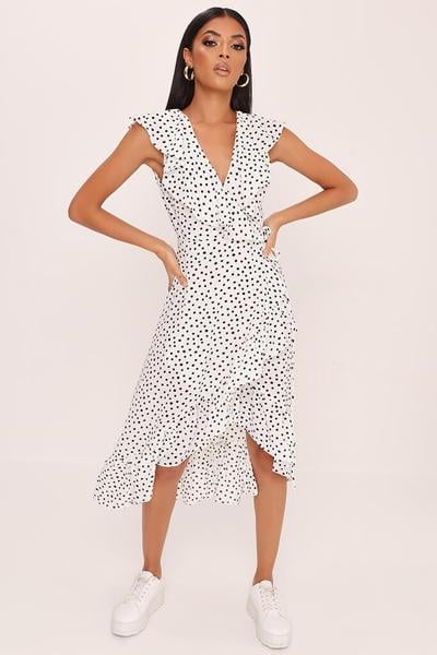 I Saw It First White Polka Dot Frill Midi Dress