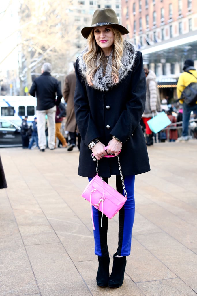 A bright Rebecca Minkoff bag provided the Spring antidote to this fur-collared coat.
A bright Rebecca Minkoff bag provided the Spring antidote to this fur-collared coat.