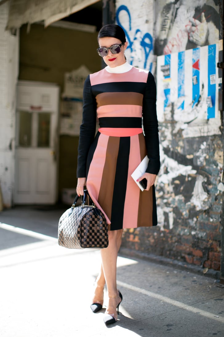Stripes and checks (on her Louis Vuitton bag). | 2014 Spring New York Fashion Week Street Style ...