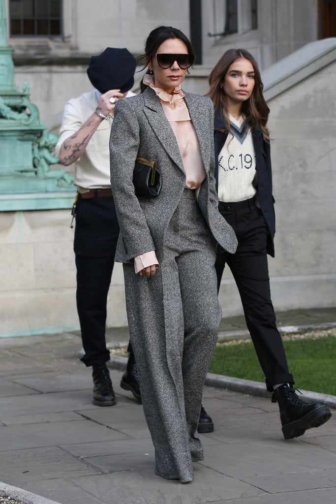 Victoria Beckham Gray Suit With Brooklyn Beckham Girlfriend