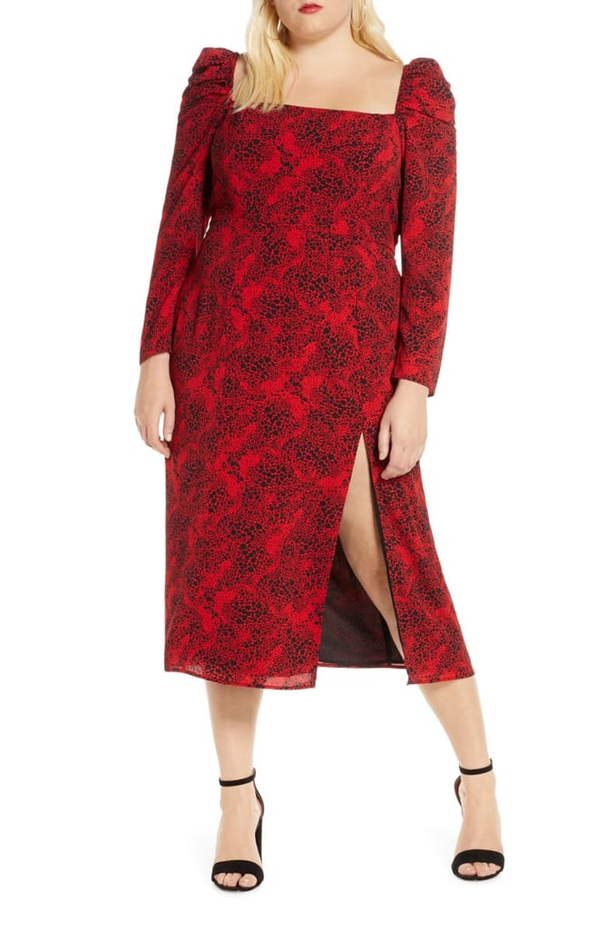 Leith Spatter Print Square-Neck Long-Sleeve Midi Dress