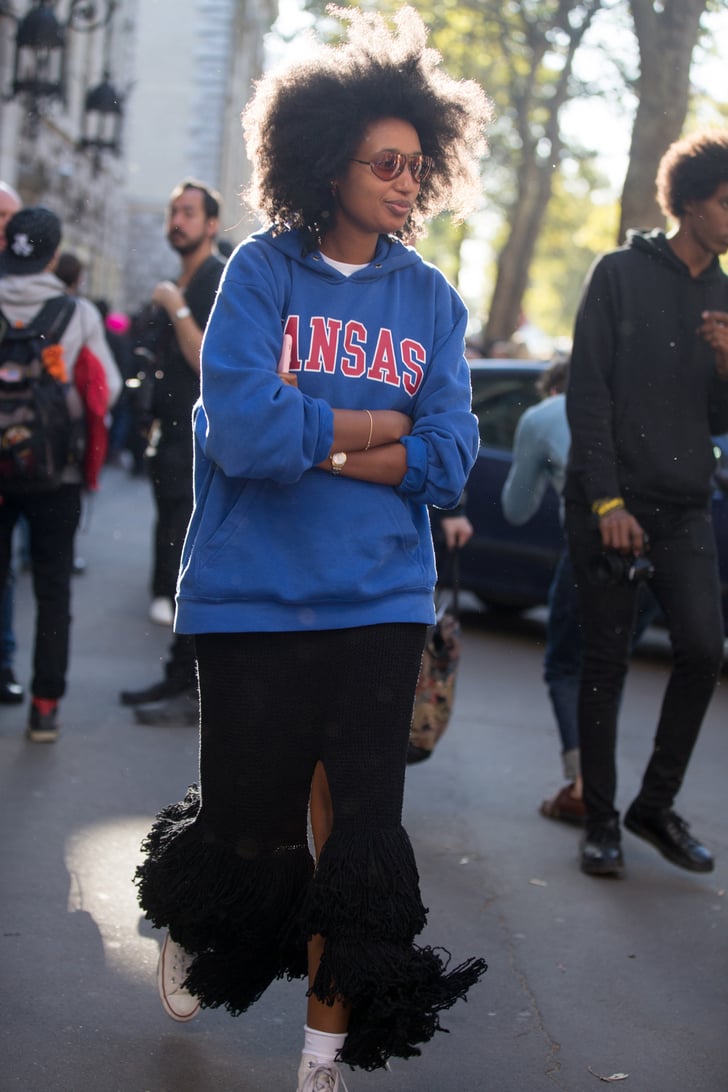 College-Sweatshirt Outfit: Wear It With a Ruffled Midi Skirt and High-Tops  | How to Wear Your College Hoodie Like a Street Style Star | POPSUGAR  Fashion Photo 2