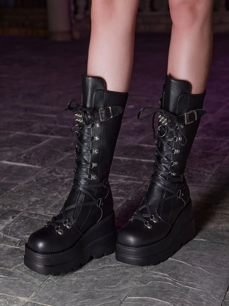 Romwe Goth Buckle Decor Lace-Up Front Wedge Boots